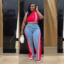 Load image into Gallery viewer, Casual Web Loose Stitching Denim Wide-Leg Pants Set
