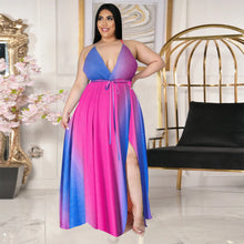 Load image into Gallery viewer, Deep V open back split gradient dress AY1136