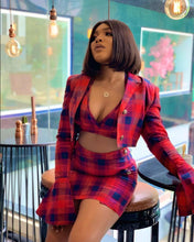 Load image into Gallery viewer, Fashion plaid print trumpet sleeve hip skirt 3-piece set(AY1308)