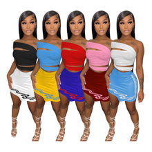Load image into Gallery viewer, Sexy Contrast Color One Shoulder Top Skirt Suit(AY1826)