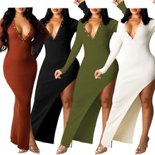 Load image into Gallery viewer, Sexy solid color V-neck split long dress(AY1432)