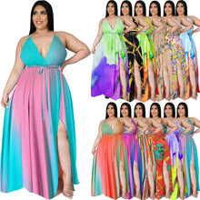 Load image into Gallery viewer, Deep V open back split gradient dress AY1136