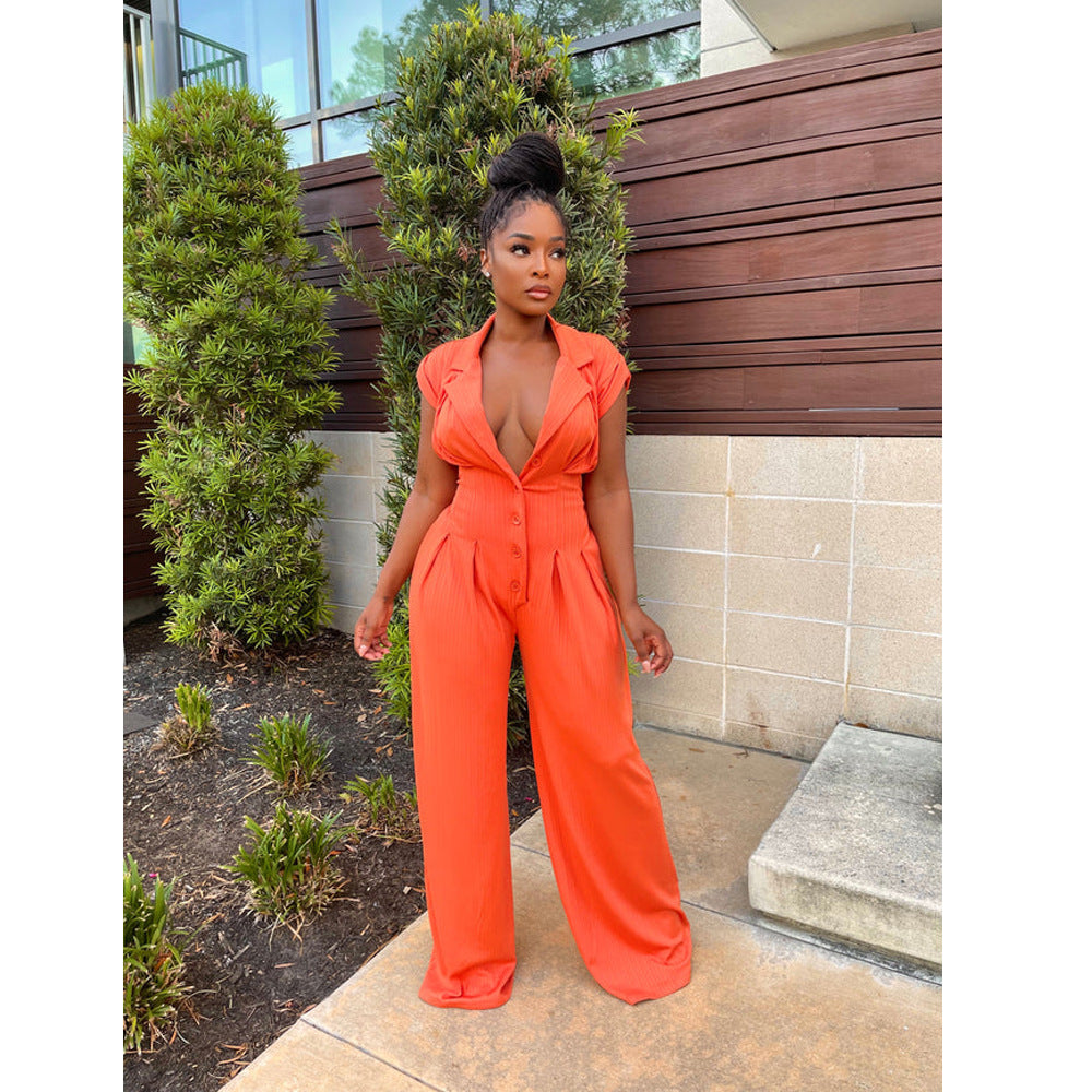 Short sleeved standing collar wide leg jumpsuit AY2895