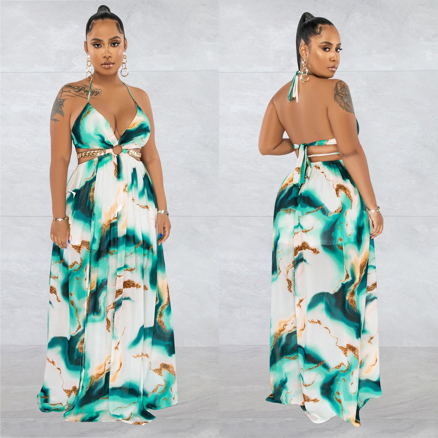 Printed chain sleeveless suspender long dress dress AY2982