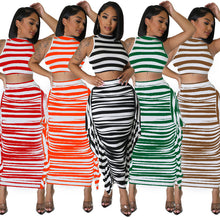 Load image into Gallery viewer, Striped open navel tight sleeveless vest skirt two-piece set AY2896
