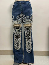 Load image into Gallery viewer, Fashionable ripped jeans chain beaded chain Straight-leg pants
