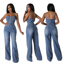 Load image into Gallery viewer, Sexy shoulder strap denim jumpsuit wide leg pants flared pants AY3430
