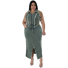 Load image into Gallery viewer, Denim short sleeved tassel zipper split set AY3472
