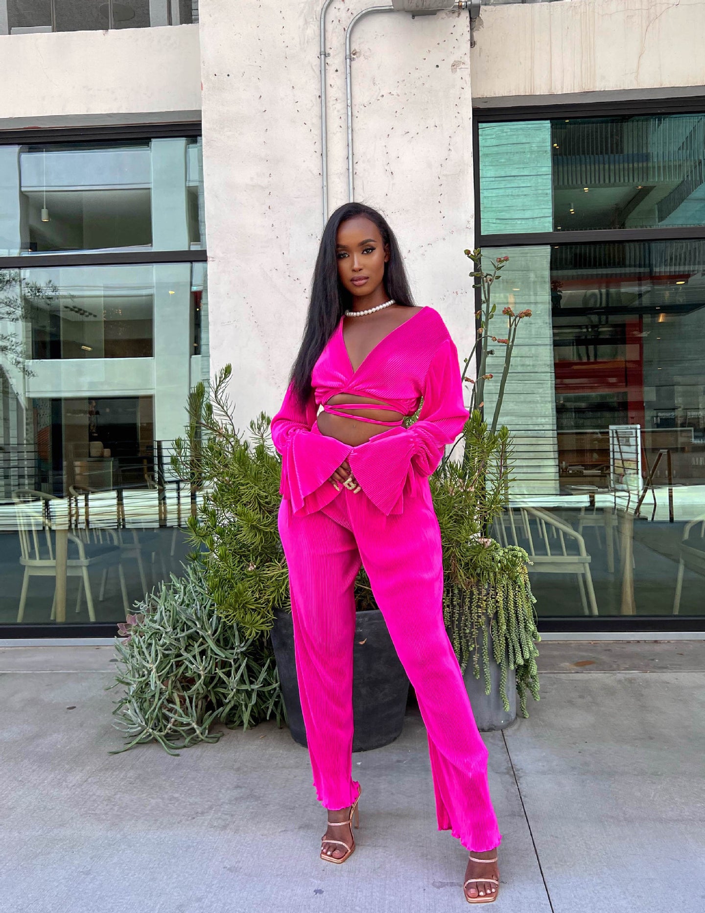 Solid Color Pleated V-Neck Suit（AY2257）