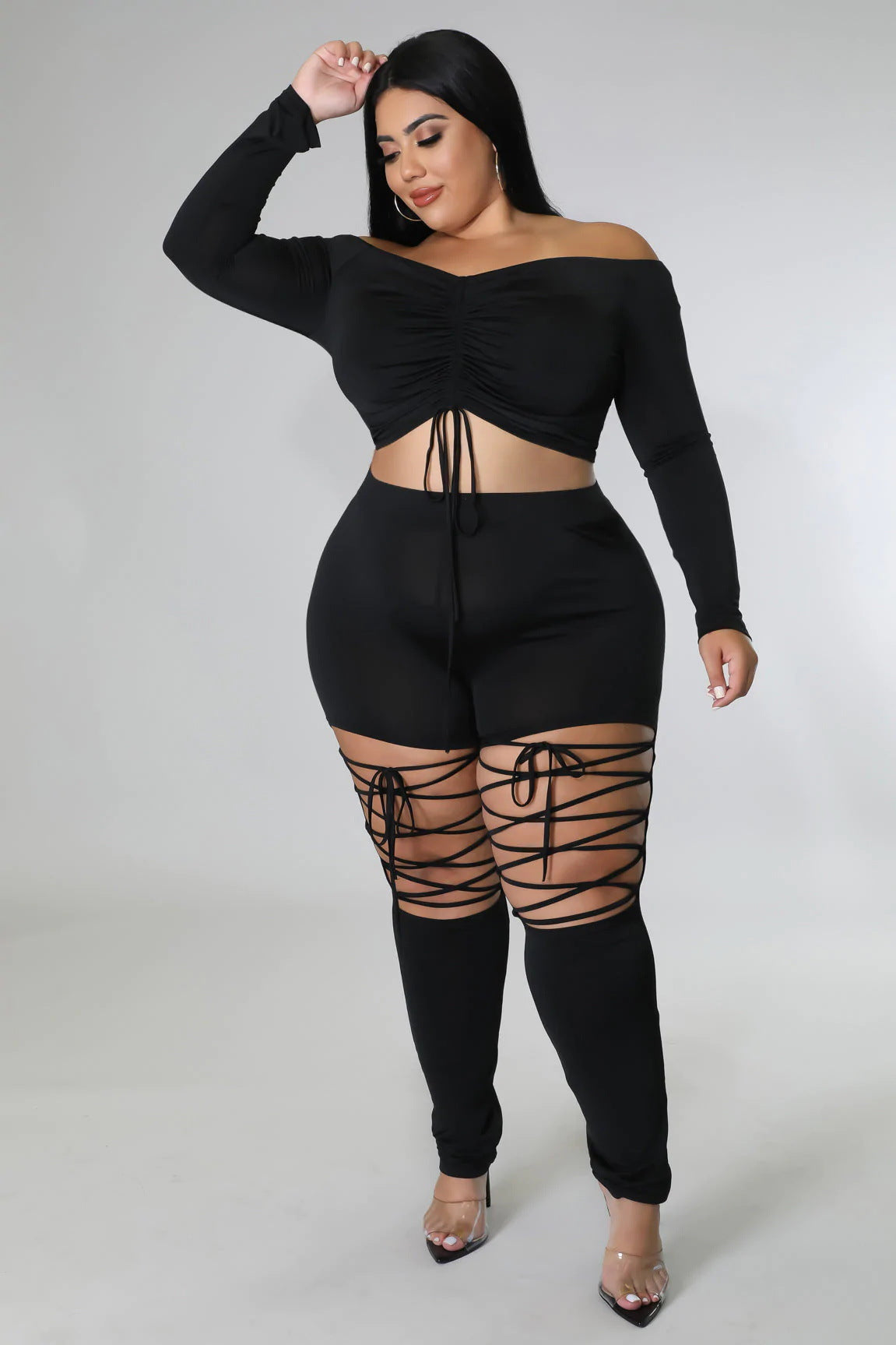 Sexy solid color strapless drawstring two-piece set（AY2296）