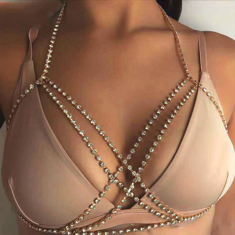 Sexy cross rhinestone chest chain（AE4070