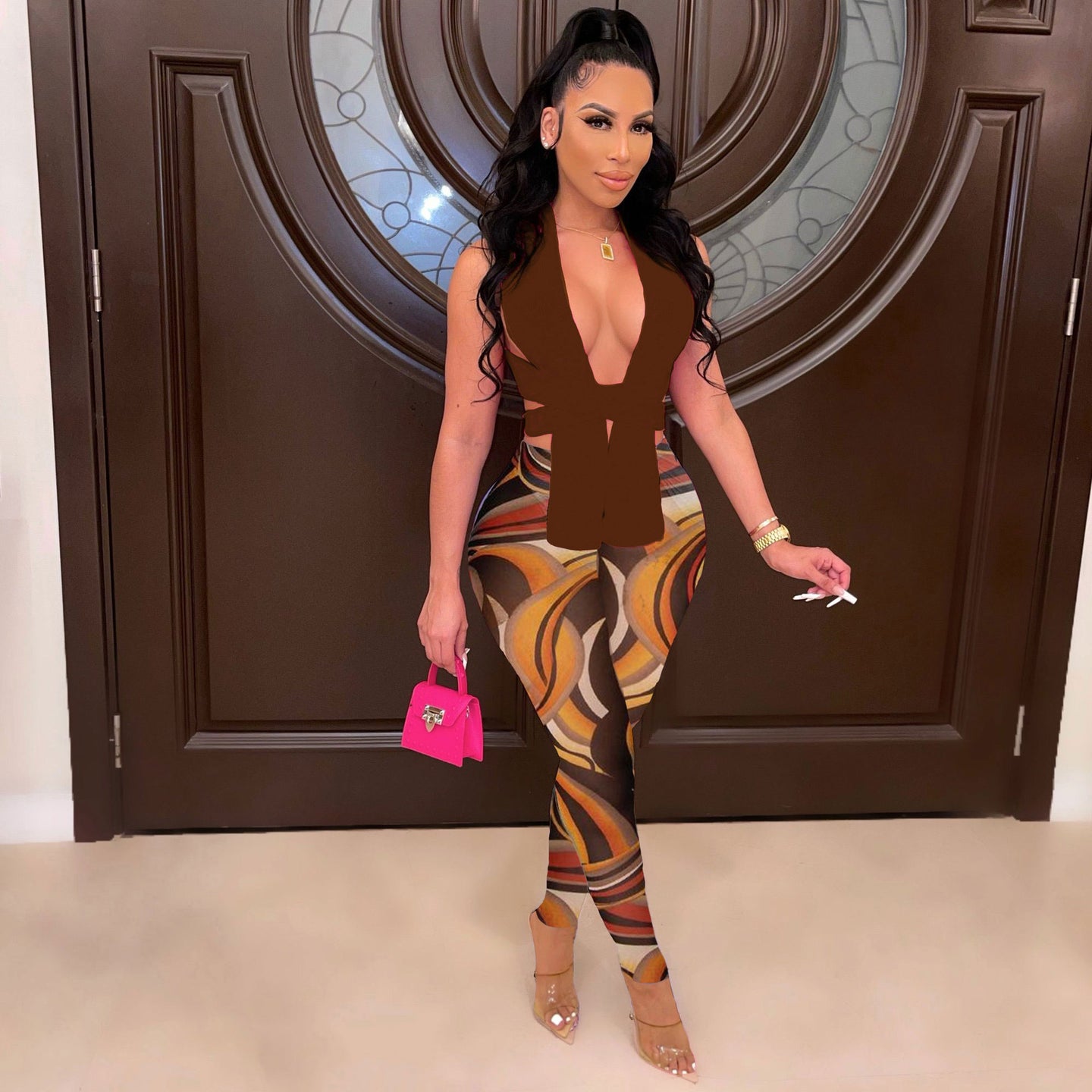 Hot sale sexy wrap chest print trousers set（AY1857）