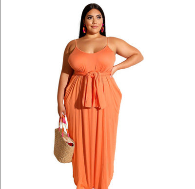 Plus size solid color suspender dress AY1198