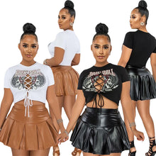 Load image into Gallery viewer, Fashion Print T-Shirt Pleated Leather Skirt Two Piece Set（AY1781）
