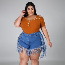 Load image into Gallery viewer, Ripped fringed brushed denim shorts plus size AY1133
