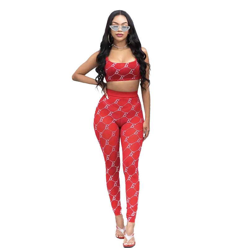 Fashion mesh print vest trousers two piece set（AY1737）