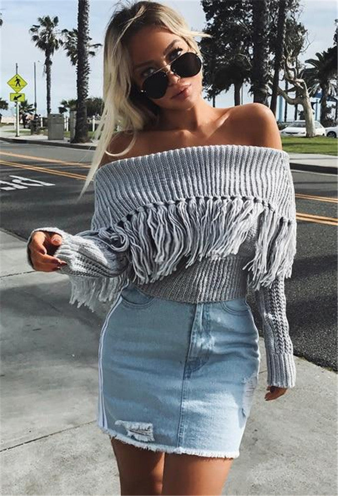 One-shoulder fringed off-shoulder sweater（AY1439）