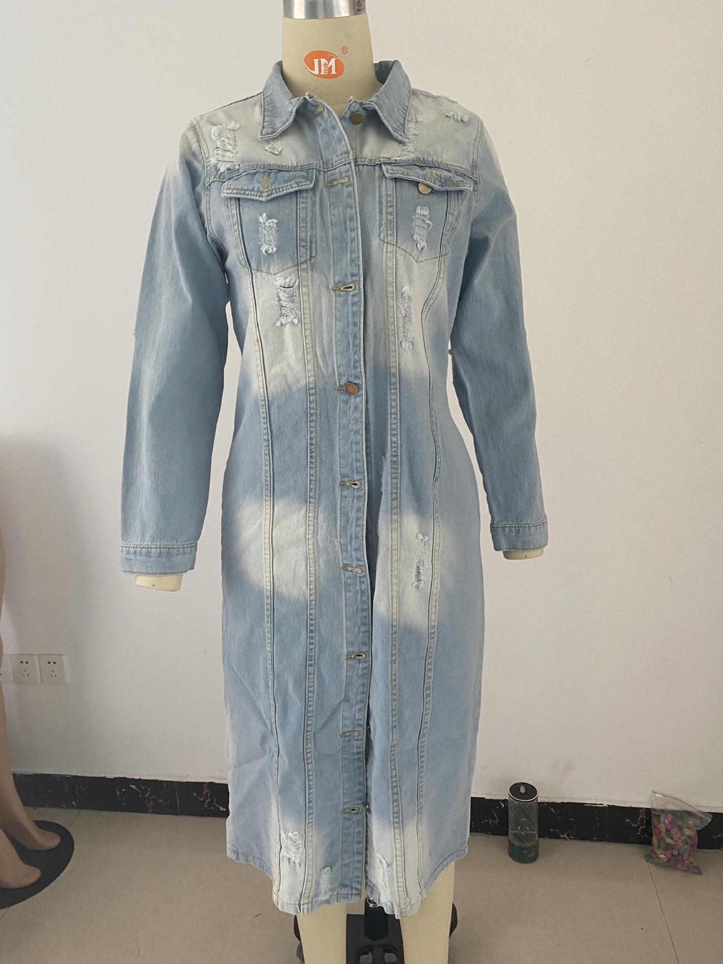 Ripped denim jacket denim long trench coat （AY1287）