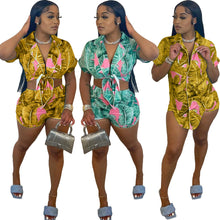 Load image into Gallery viewer, Fashion print irregular bandage short sleeve two piece set AY2198
