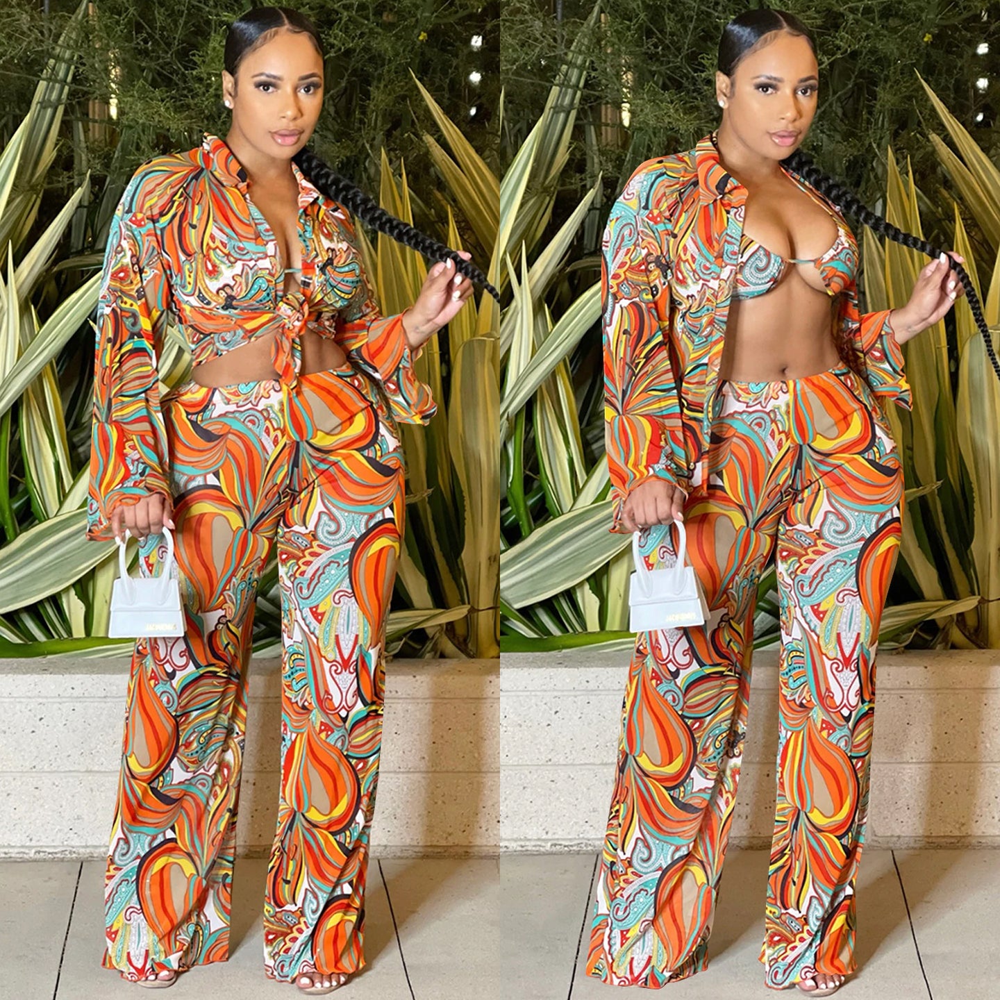 Sexy mesh perspective printed long sleeve three piece set AY2172