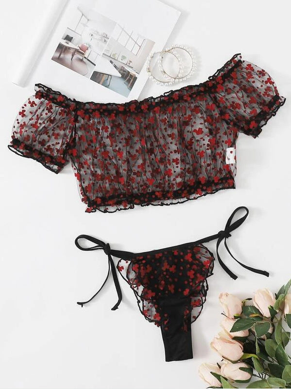 Sexy red plum lace open bikini two-piece set AY1610