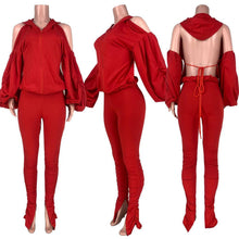Load image into Gallery viewer, Solid color puff sleeve open back hooded suit（AY1391）
