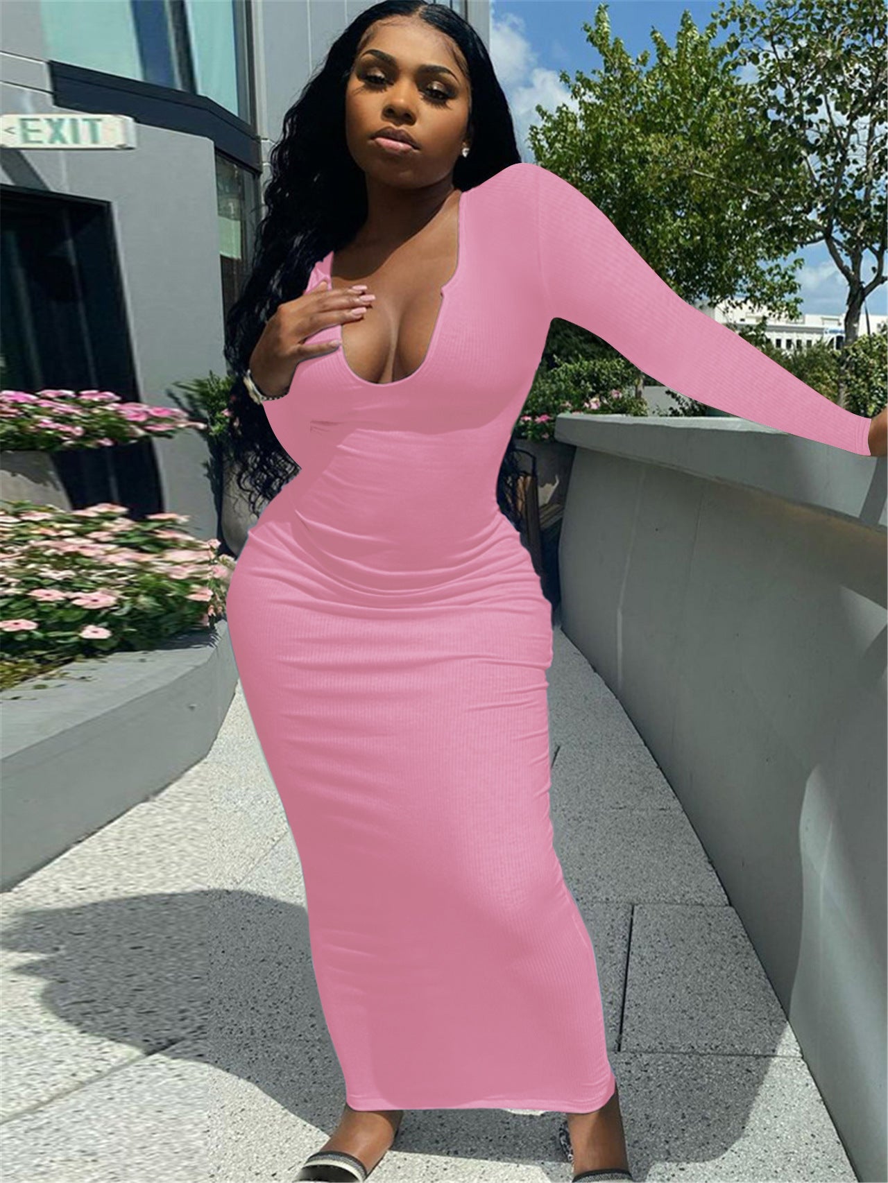 Deep V-neck Slim Sexy Long Sleeve Long Dress（AY1257）