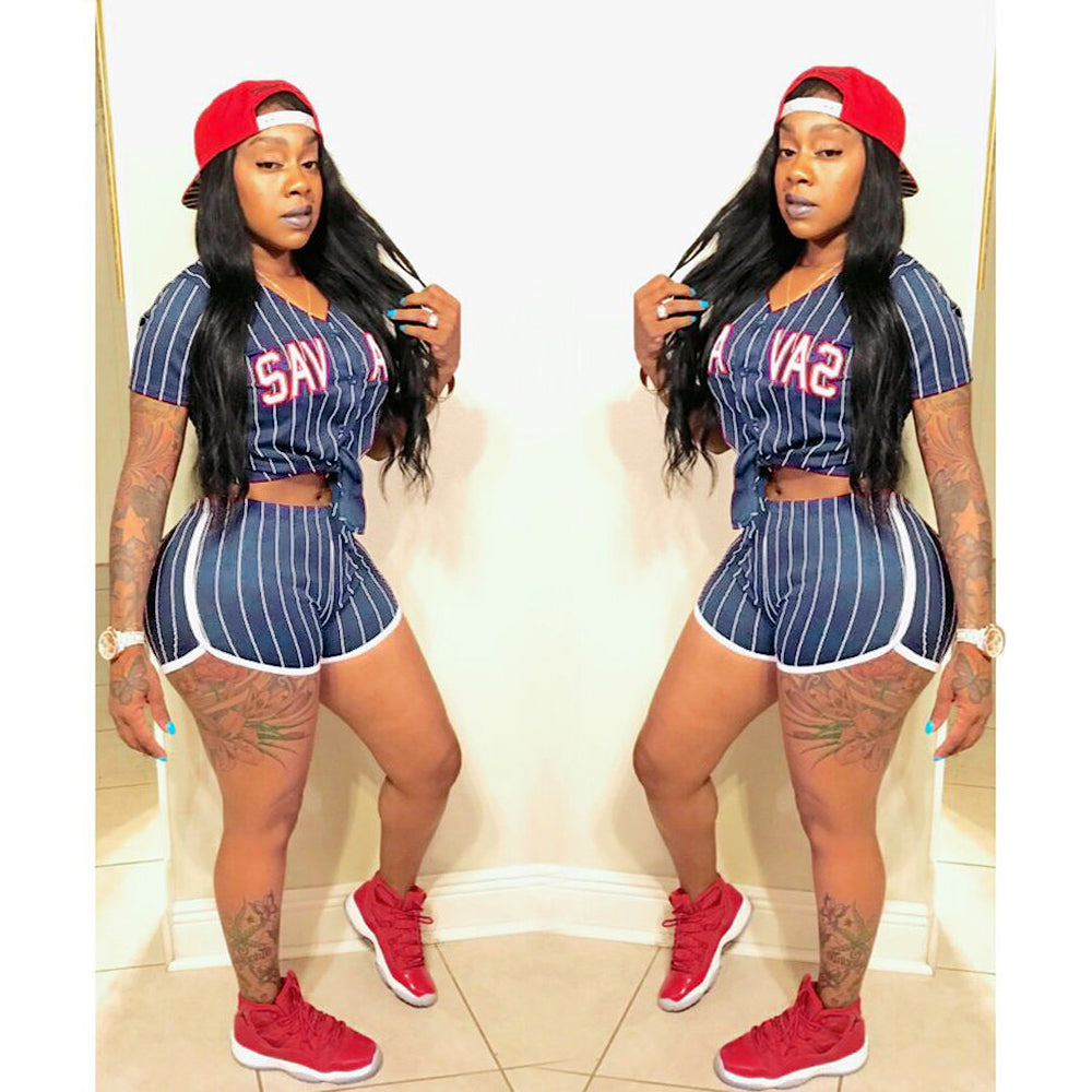 Striped Letter Baseball Jersey Two Piece Set（AY1850）