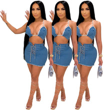 Load image into Gallery viewer, Sexy high elastic denim vest skirt suit（AY1879）
