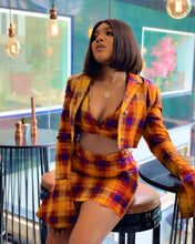 Load image into Gallery viewer, Fashion plaid print trumpet sleeve hip skirt 3-piece set（AY1308）
