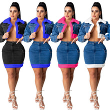 Load image into Gallery viewer, Fashion plush denim skirt two-piece suit（AY1474）
