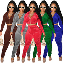 Load image into Gallery viewer, Velour casual hood pleated two-piece set(AY2409)
