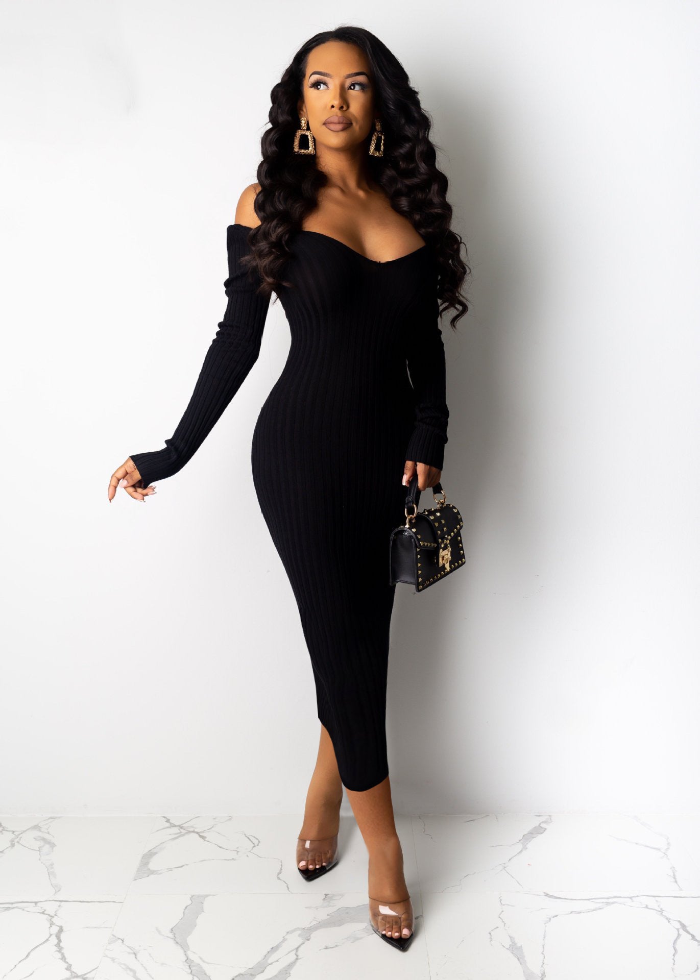 Slim sexy big V-neck off-the-shoulder dress（AY1487）